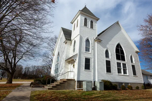 The church from the front, tower and entry